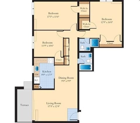 Floor plan for 3 beds, 2 baths, 1179 sqft